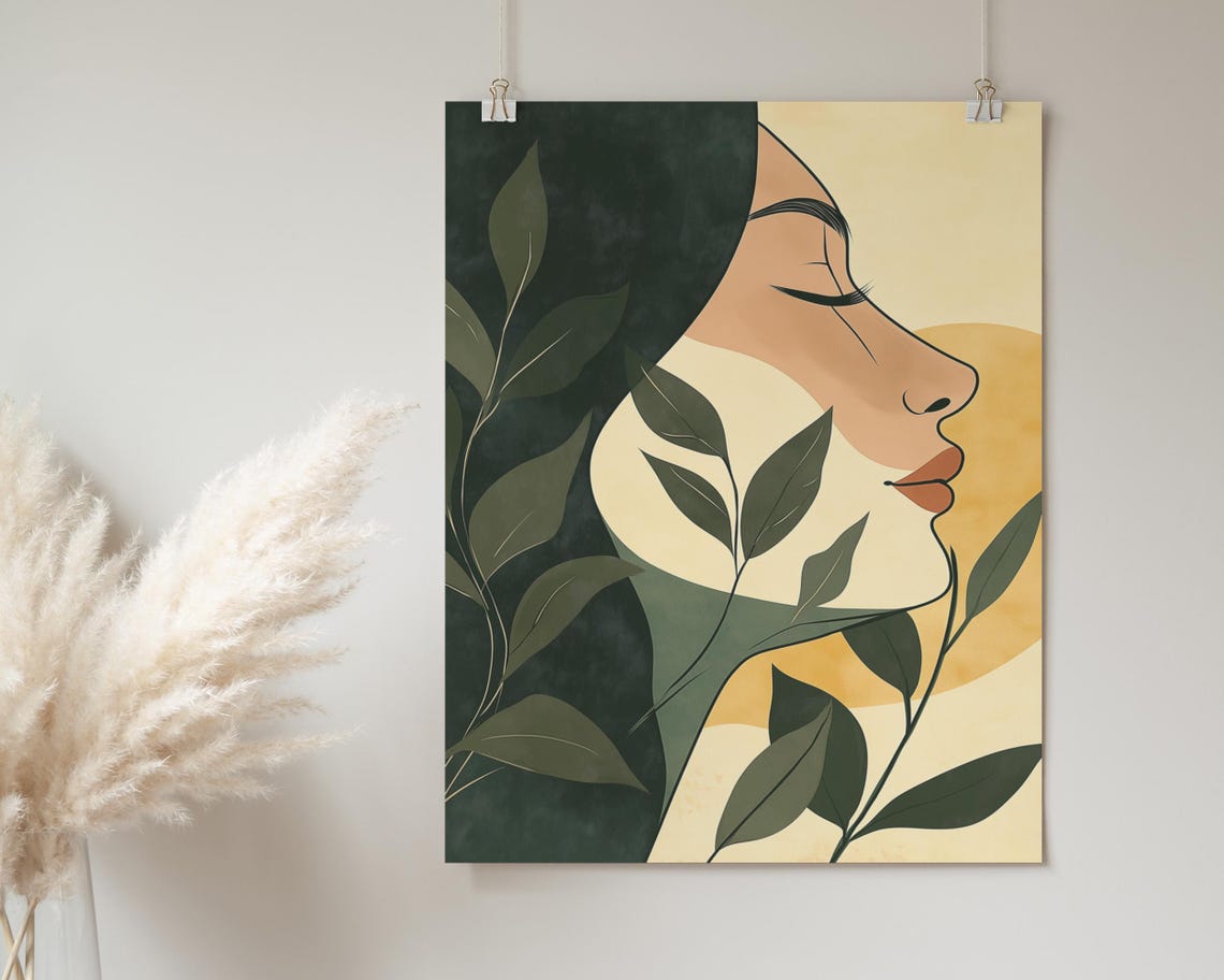 Golden Hour Botanical Woman Profile Floral Leaf Silhouette Poster - Image 2