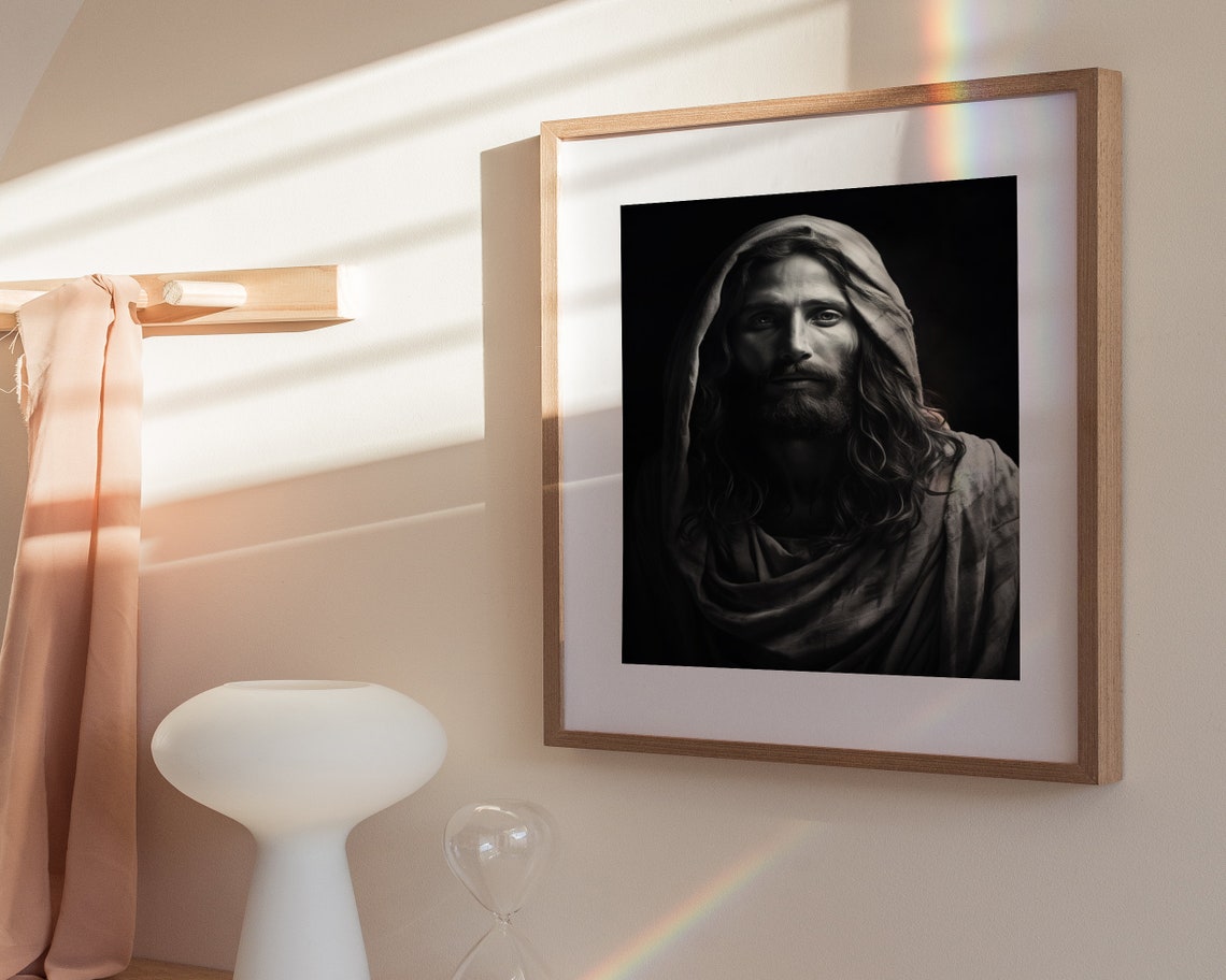 Hooded Jesus Christ Black and White Dramatic Portrait Art Poster - Image 3