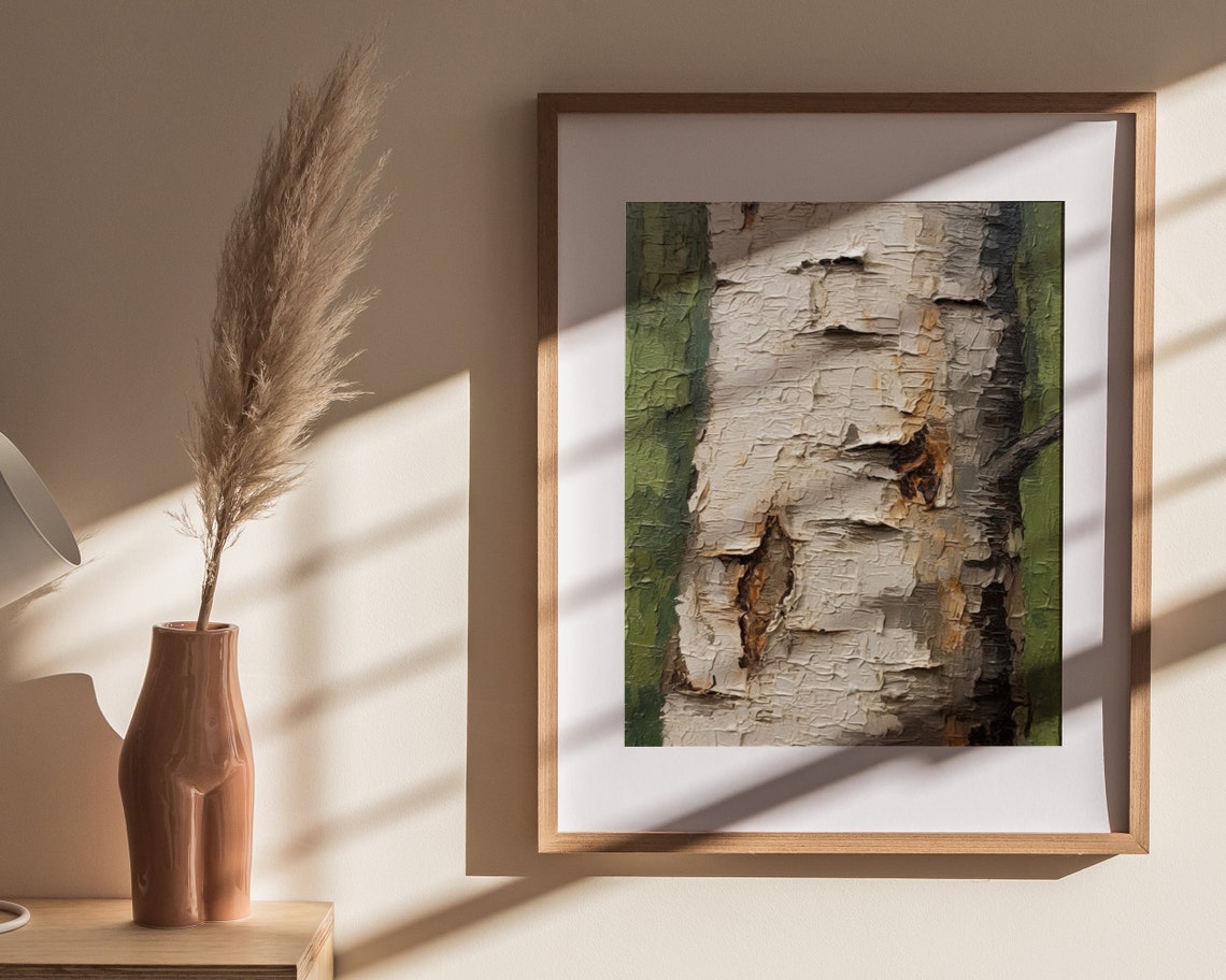 White Birch Bark Oil Painting Textured Forest Green Nature Poster - Image 4