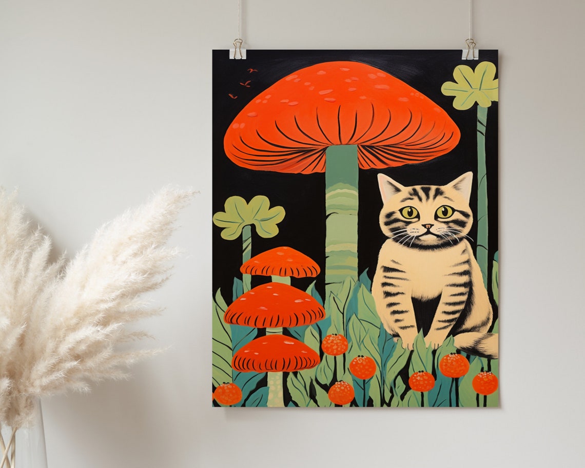 Vintage Tabby Cat With Red Mushrooms Cottagecore Dark Art Poster - Image 2