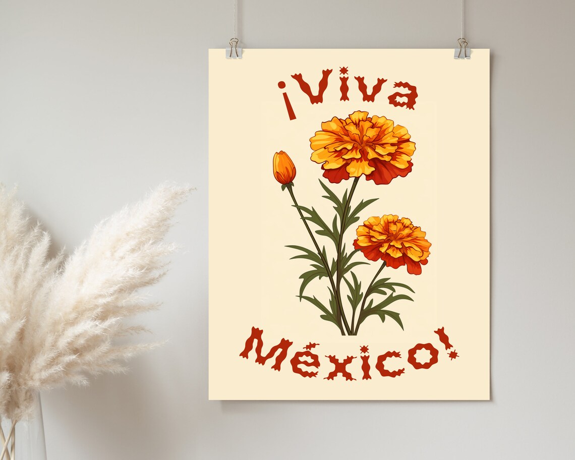 Viva Mexico Orange Marigold Floral Festive Latino Heritage Art Poster - Image 2