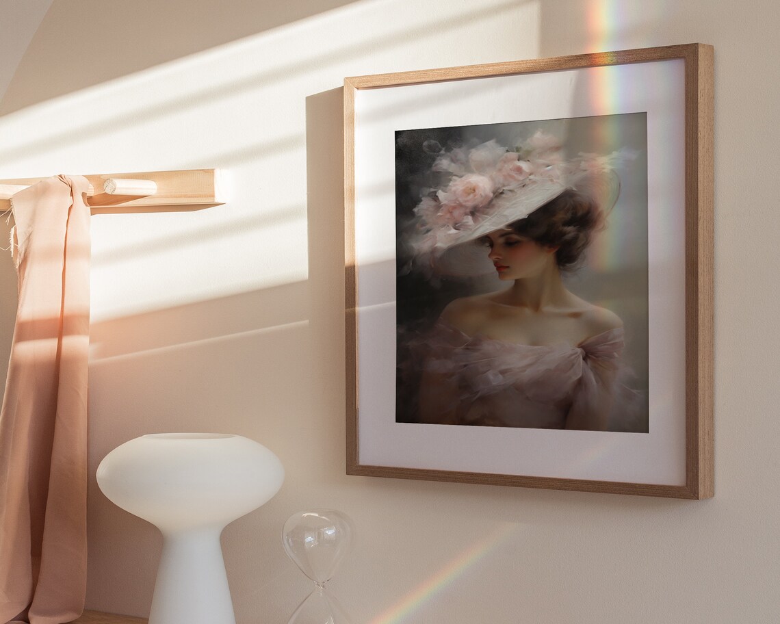 Elegant Lady Wide Brim Rose Hat Off Shoulder Vintage Portrait Poster - Image 3