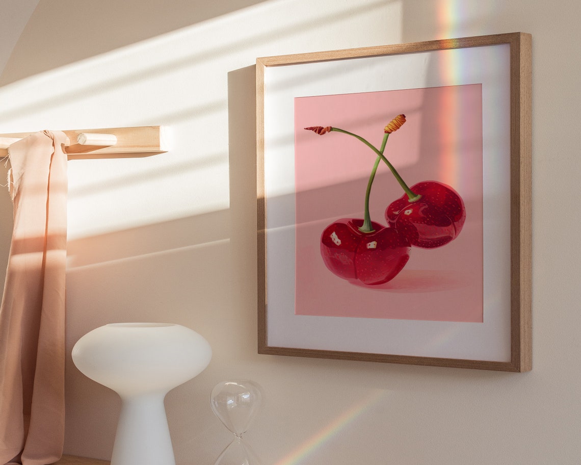 Juicy Red Cherries Swirl Stems Pink Background Pop Kitchen Poster - Image 3