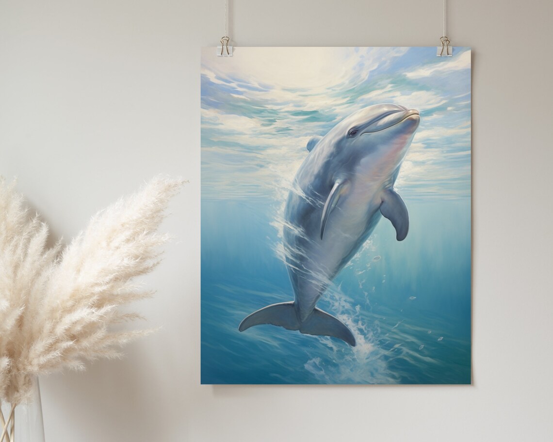 Dolphin Swimming Up Through Sunlit Water Dreamy Ocean Wildlife Painting Poster - Image 2