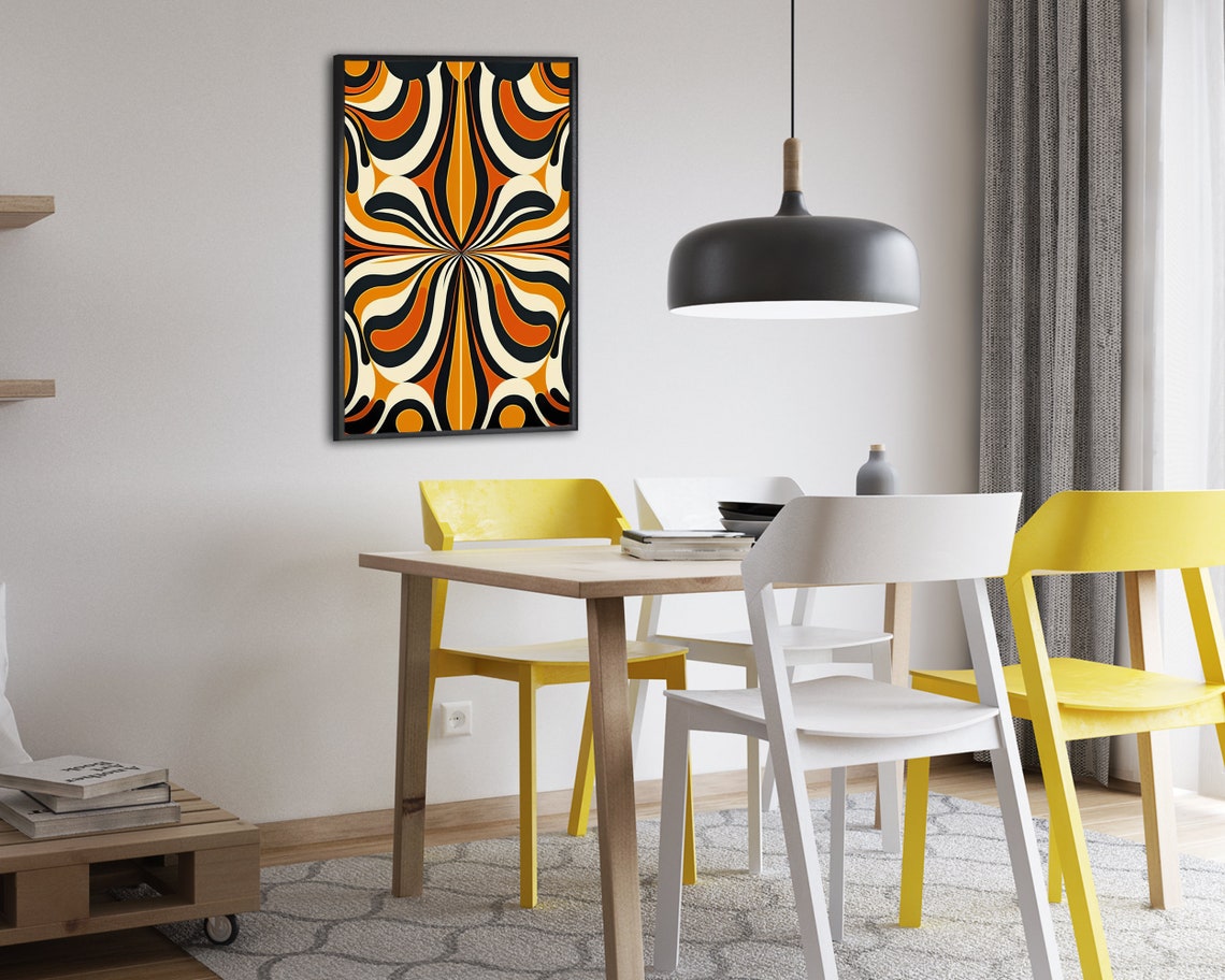 Retro 70s Geometric Op Art Swirl Pattern Orange Black Cream Poster - Image 2