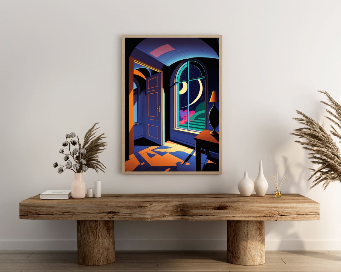 Retro 80s Interior Poster Open Door and Moonlit Arched Window Design - Image 3