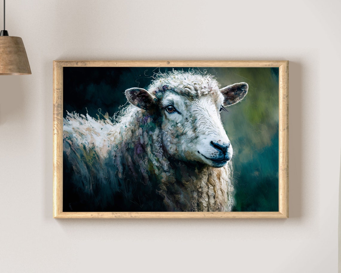 White Sheep Portrait in Painterly Style Moody Farm Art Poster - Image 2
