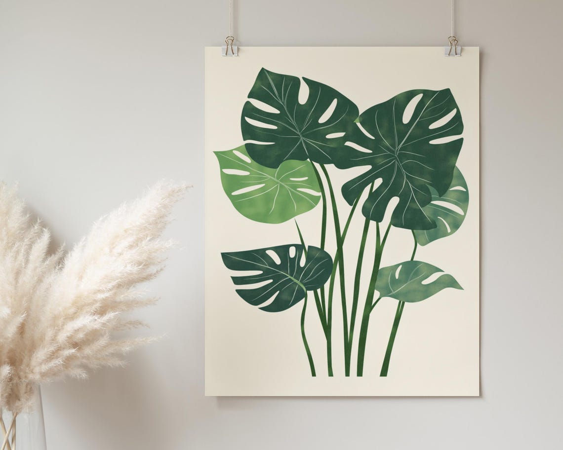 Monstera Leaves Tropical Botanical Watercolor Greens Modern Poster - Image 2