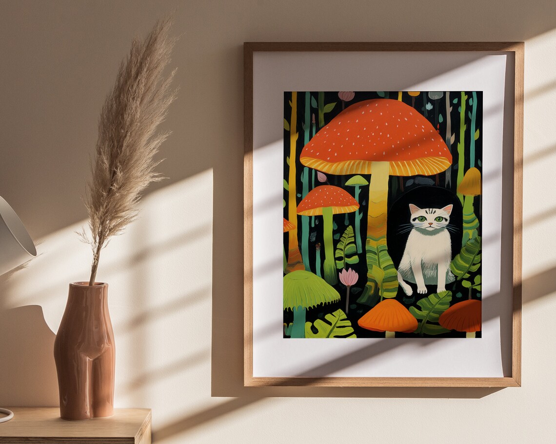 White Cat In Colorful Giant Mushroom Forest Whimsical Art Poster - Image 4
