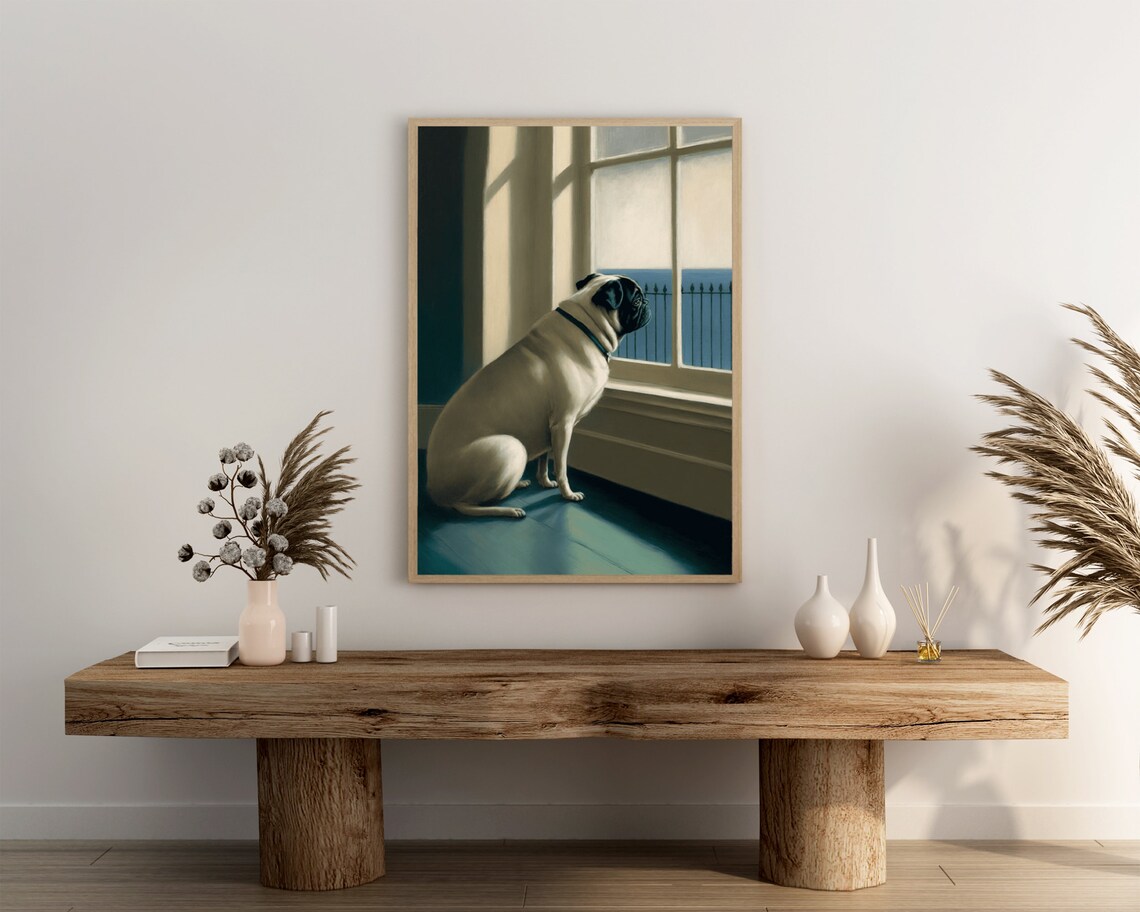 Pug Dog From Behind Gazing Out Window At Water Oil Painting Poster - Image 3