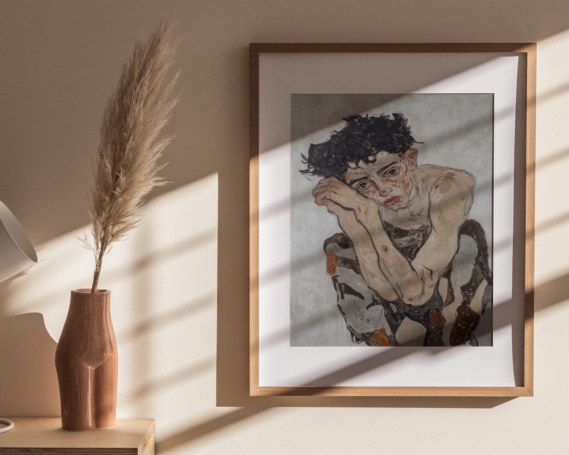 Expressionist Male Figure Crouching Hands Clasped Emotional Art Poster - Image 4