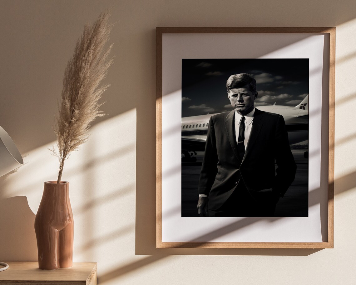 John F Kennedy Black And White Portrait Before Airplane Poster - Image 4