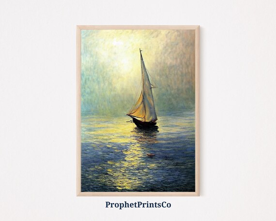 Lone Sailboat Gliding Through Golden Sunset Calm Waters Poster