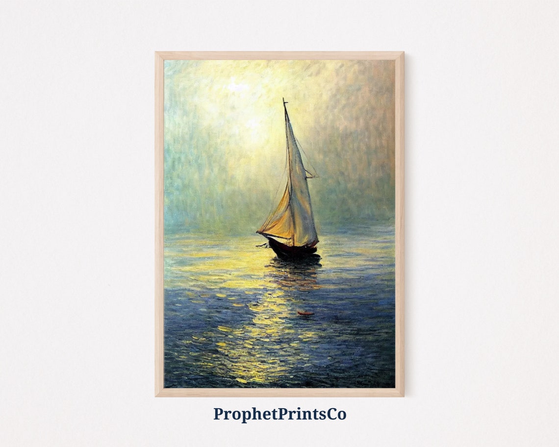 Lone Sailboat Gliding Through Golden Sunset Calm Waters Poster