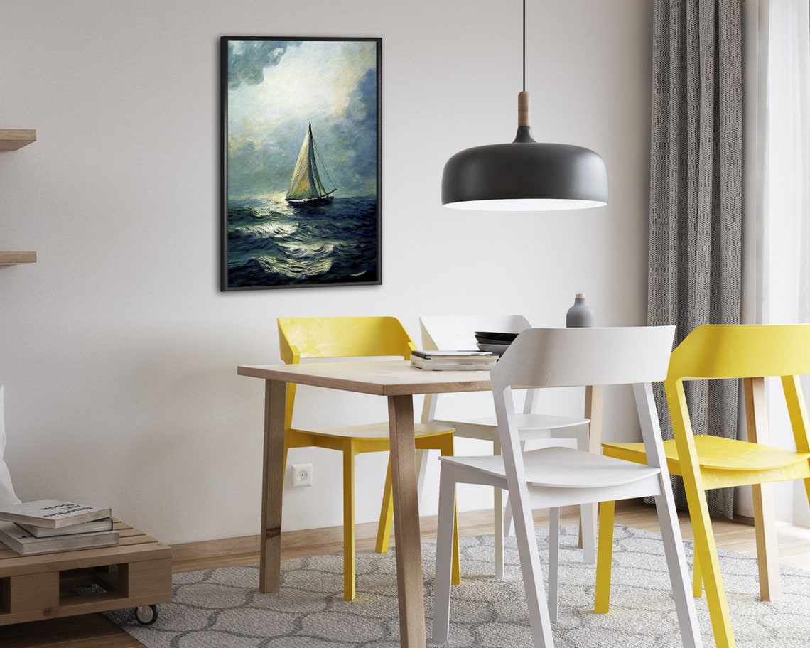 Moonlit Sailboat Sailing Through Misty Dark Blue Seas Poster - Image 2