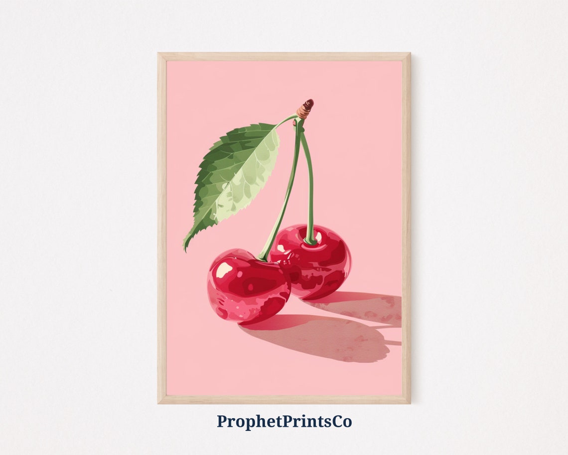 Shiny Red Cherries Green Leaf Pink Pop Art Sweet Kitchen Wall Poster