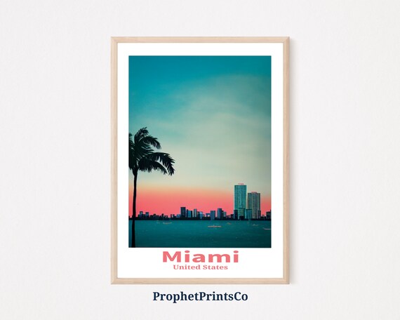 Miami United States Palm Tree Sunset Skyline Ocean Travel Art Poster