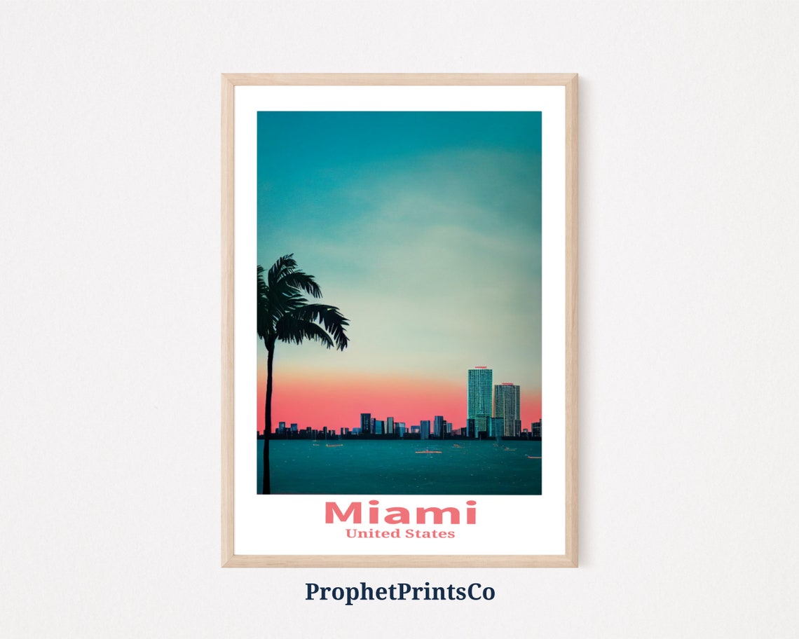 Miami United States Palm Tree Sunset Skyline Ocean Travel Art Poster