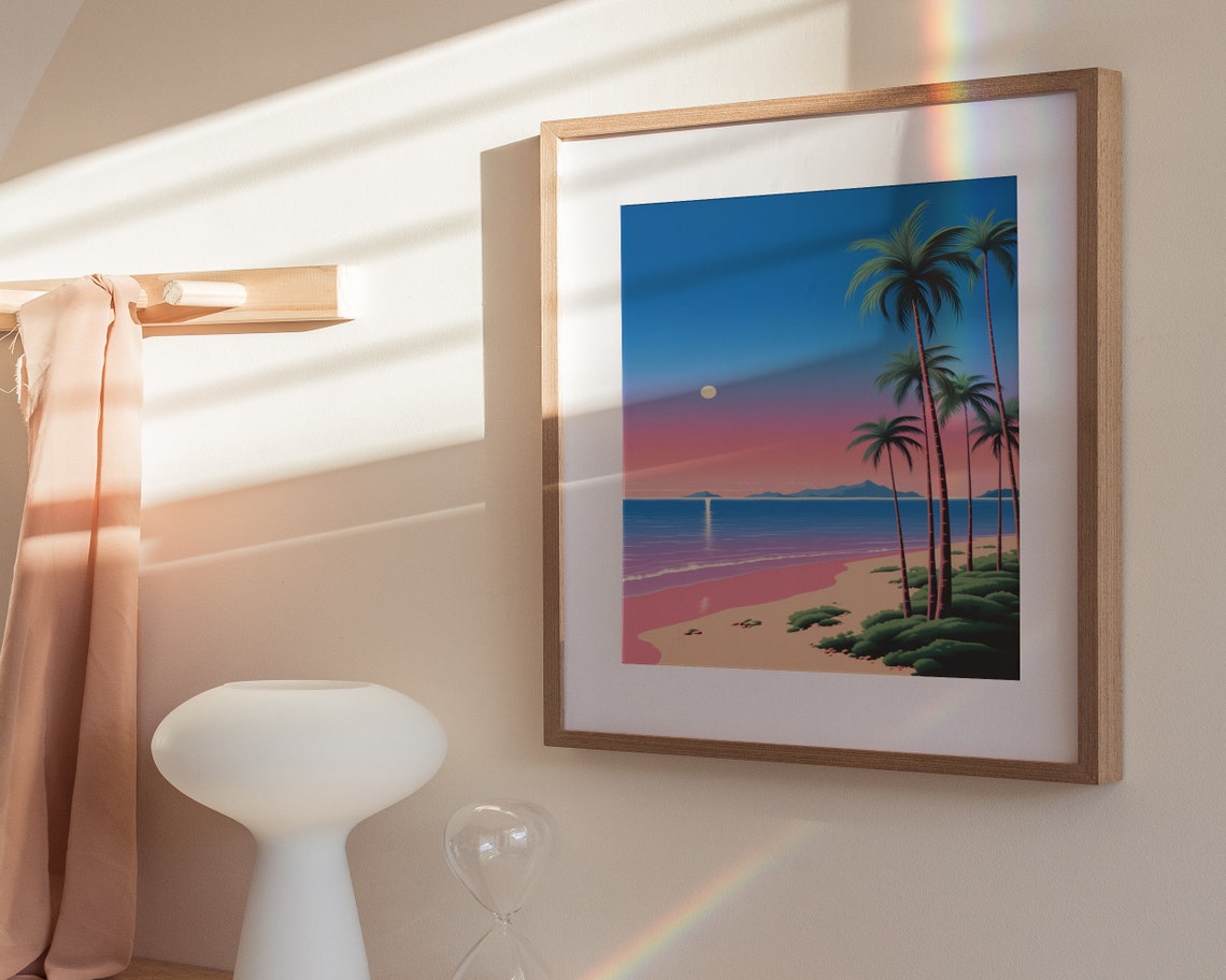 Tropical Sunset Beach Palm Trees Pink Sky Ocean Waves Travel Poster - Image 3