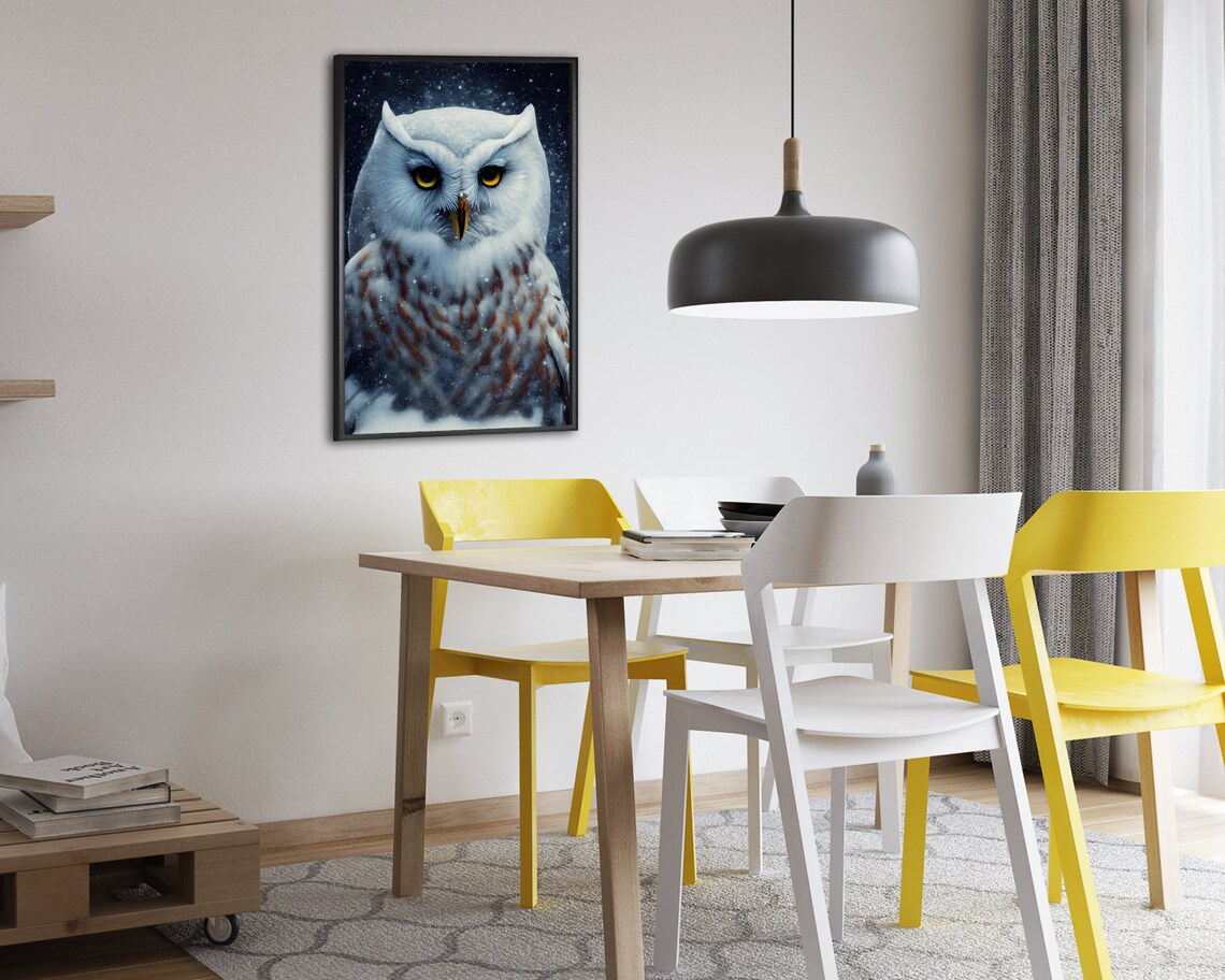 White Owl Portrait Snowfall Winter Bird Art Amber Eyes Poster - Image 2