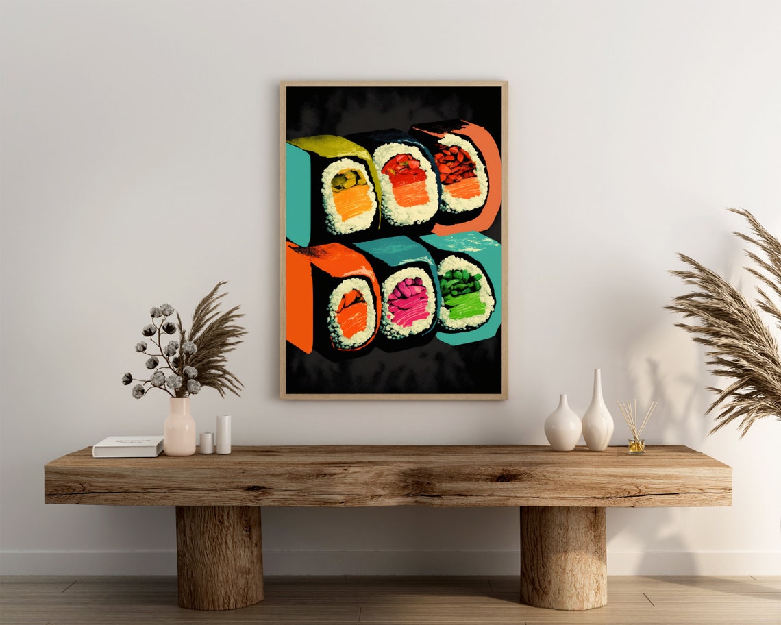 Pop Art Sushi Poster Stacked Salmon Rolls on Dramatic Black Design - Image 3