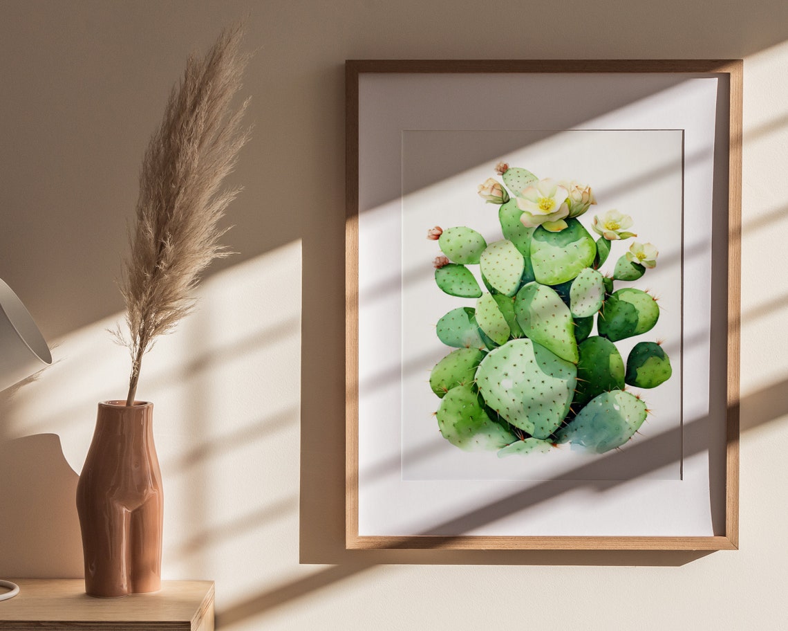 Prickly Pear Cactus White Blossoms Watercolor Desert Art Poster - Image 4