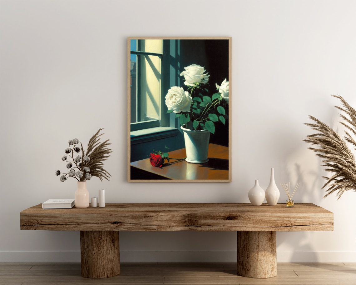 White Roses By Window With Red Rose Chiaroscuro Still Life Poster - Image 3