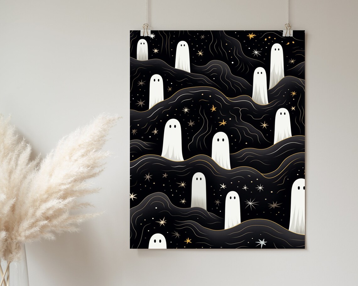 Cute Ghosts On Starry Night Hills Gold Stars Halloween Poster - Image 2