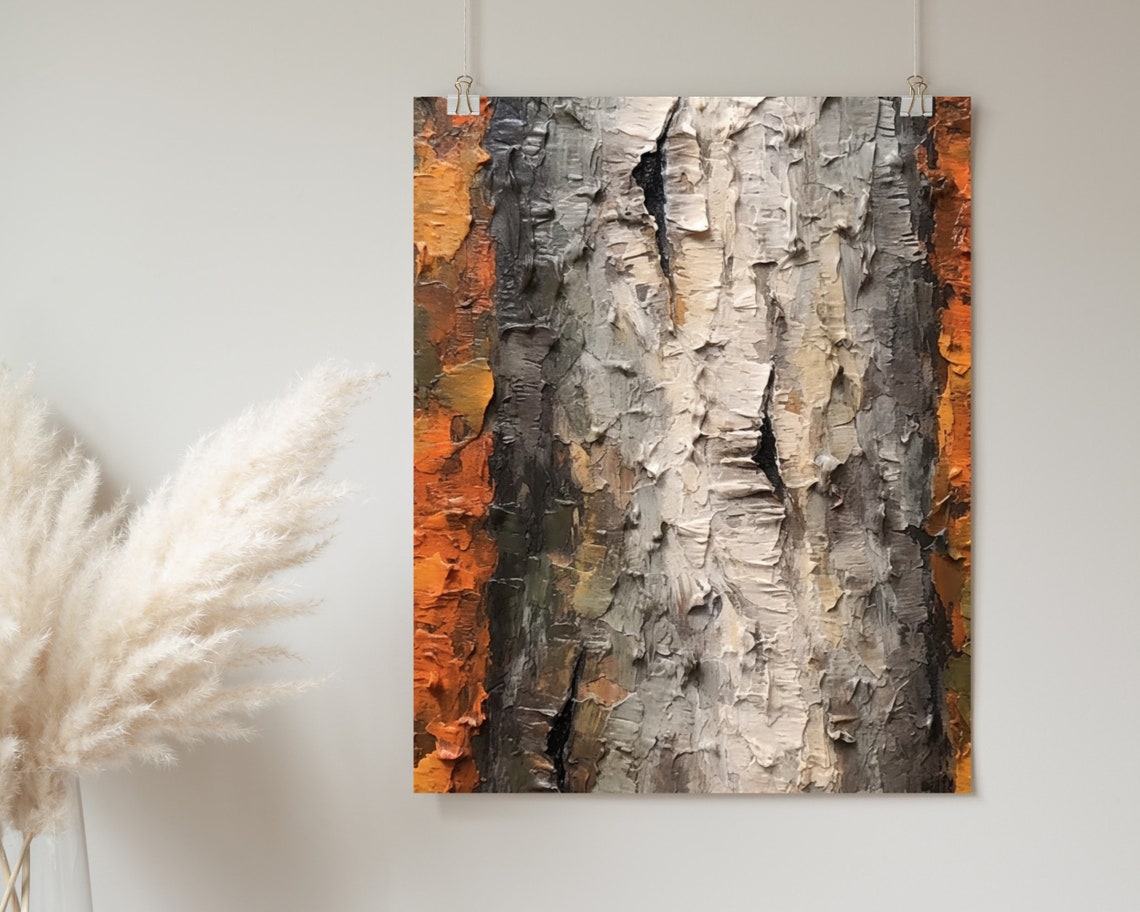 Gray Birch Bark Oil Painting Textured Rust Orange Nature Poster - Image 2
