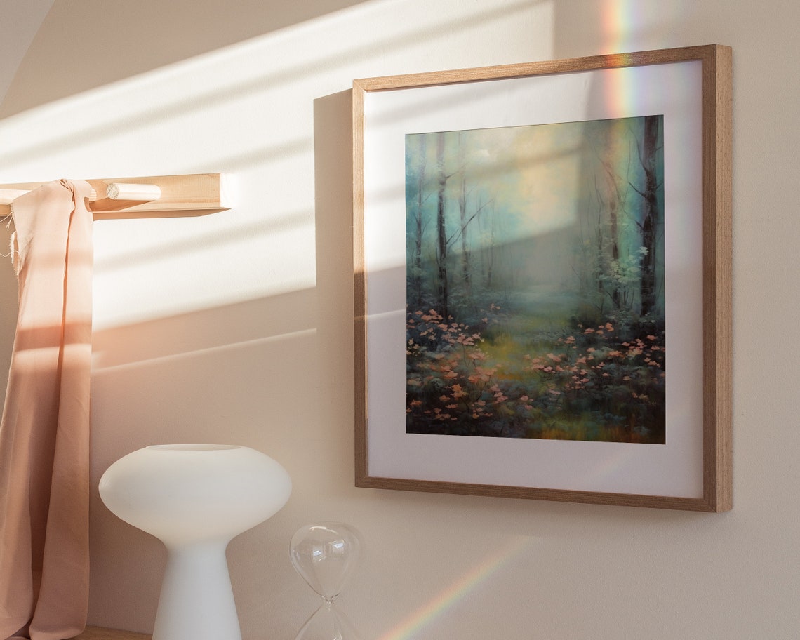 Ethereal Misty Forest Pink Wildflowers Dreamy Oil Painting Poster - Image 3
