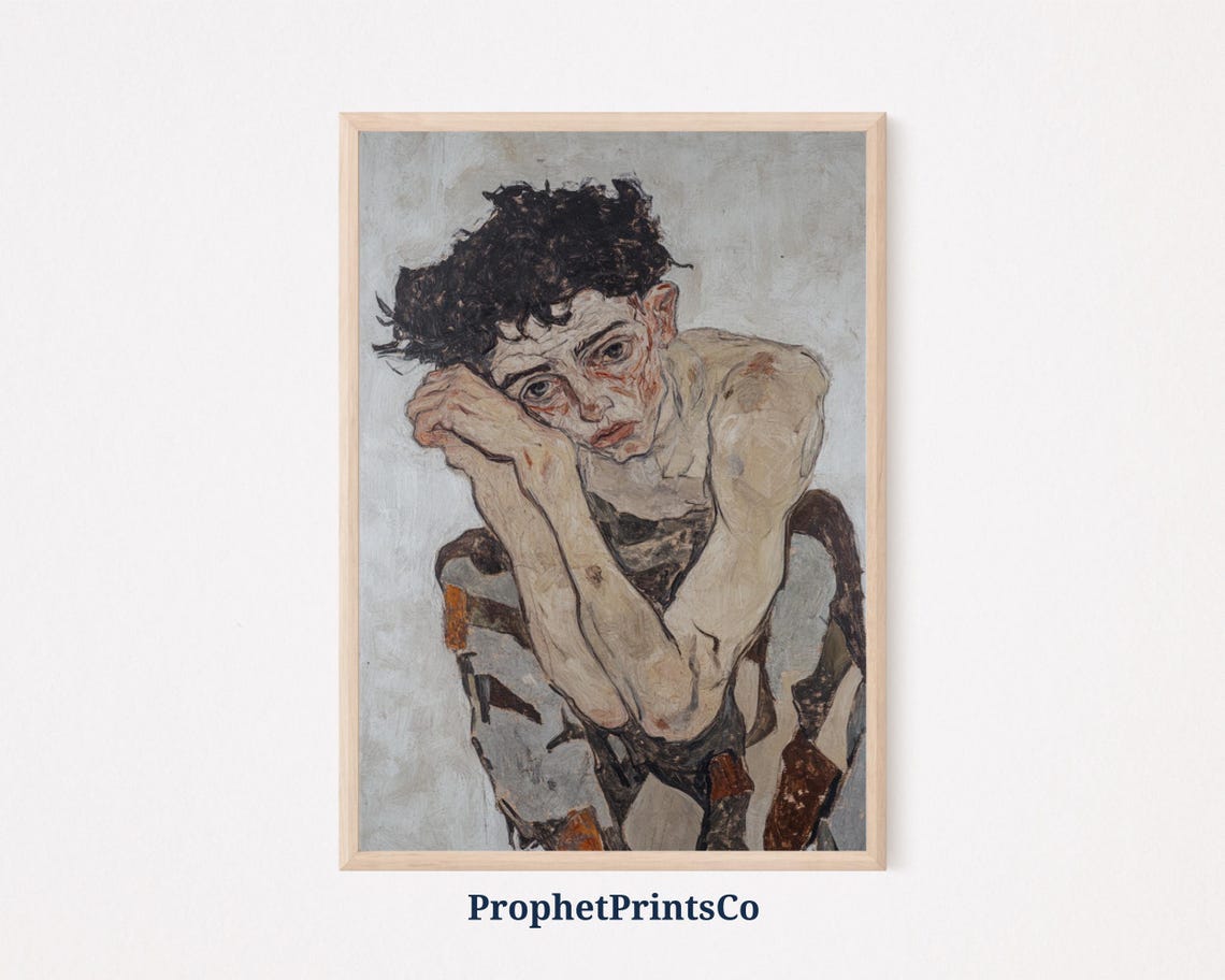 Expressionist Male Figure Crouching Hands Clasped Emotional Art Poster