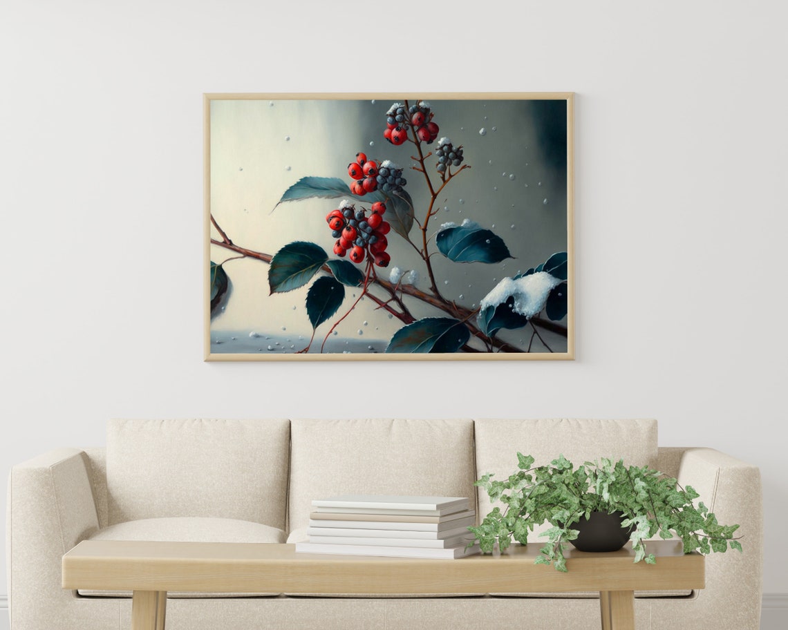 Snowy Red And Blue Berry Branch With Teal Leaves Winter Poster - Image 3