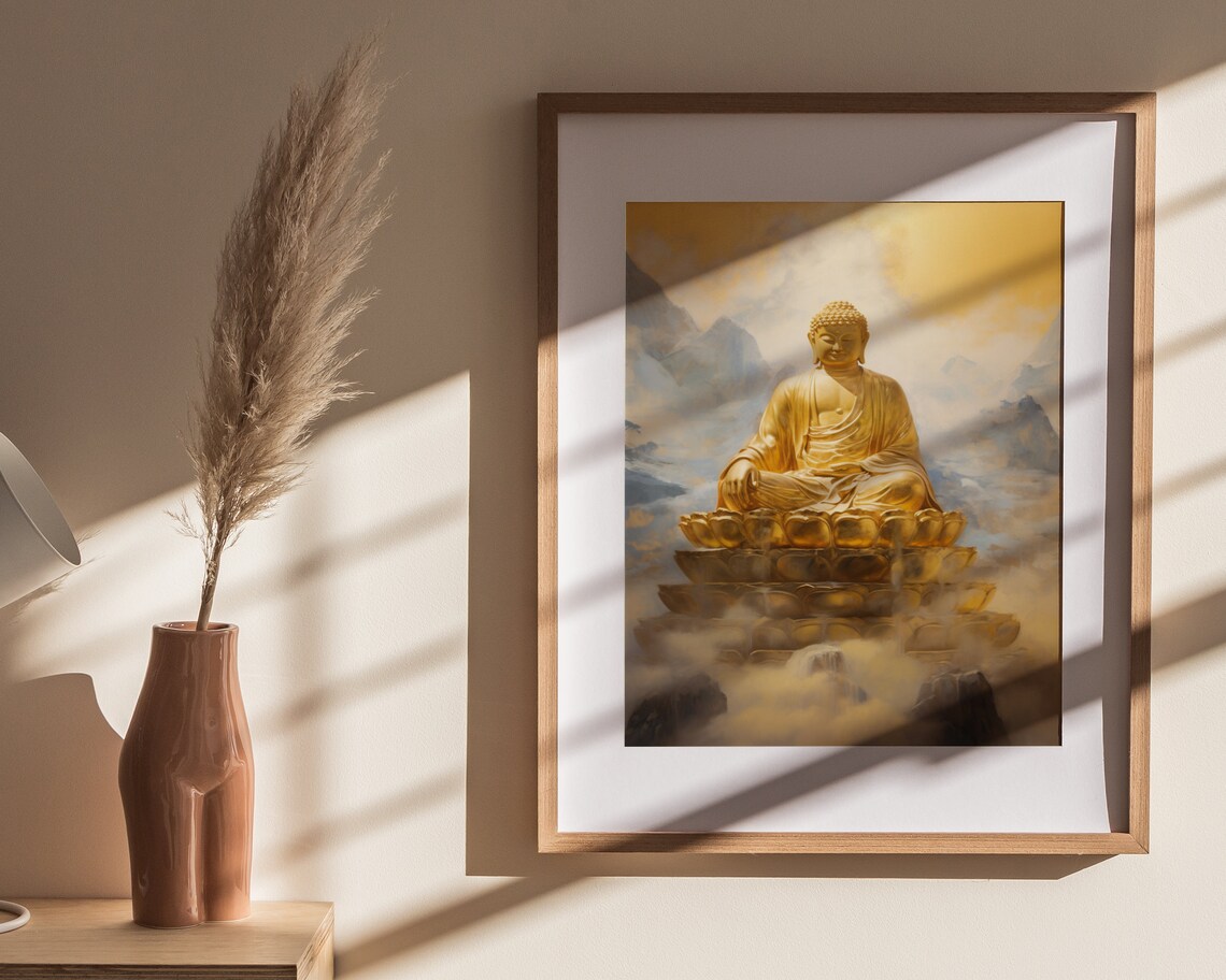 Golden Buddha Lotus Throne Mountain Mist Spiritual Painting Poster - Image 4