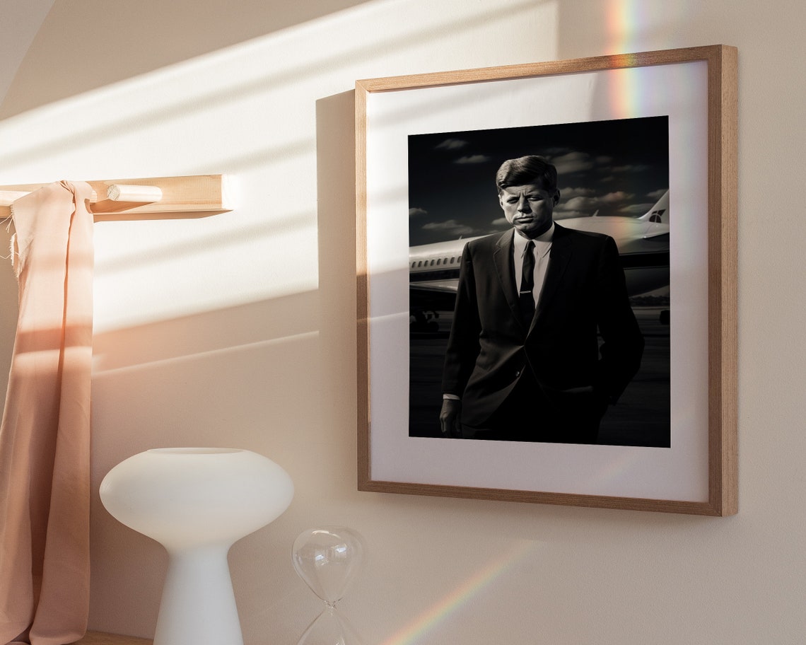 John F Kennedy Black And White Portrait Before Airplane Poster - Image 3