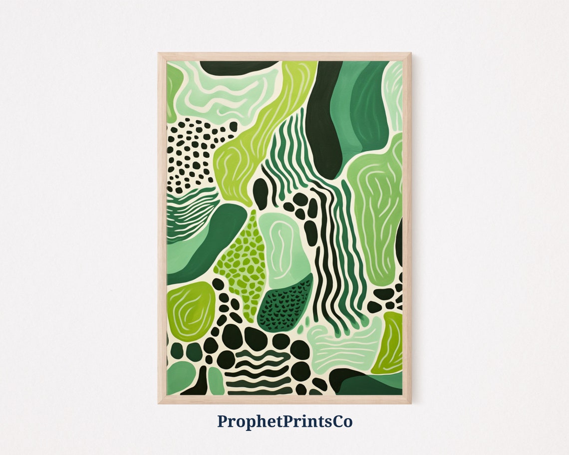 Green Organic Abstract Shapes Black Waves Modern Boho Poster