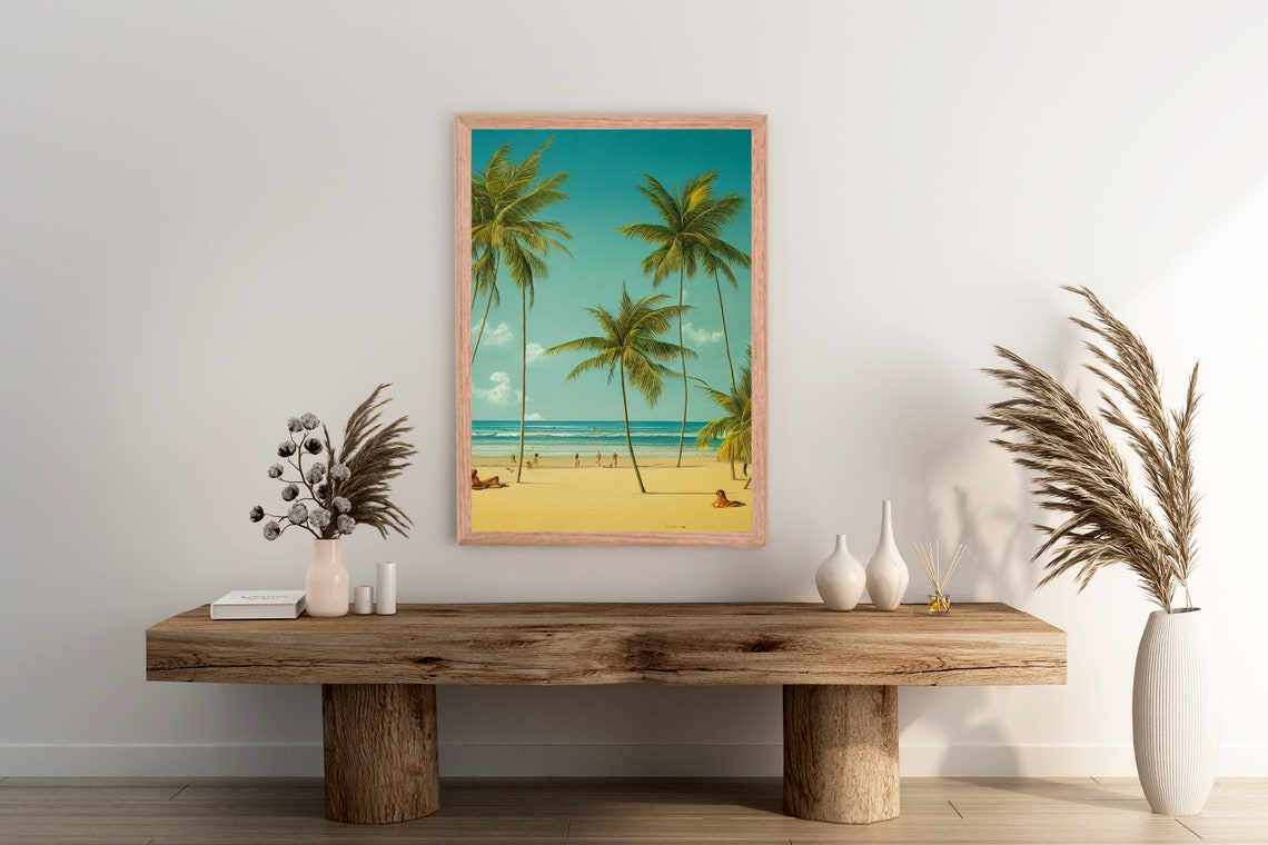 Tropical Beach Palm Trees Turquoise Ocean Vintage Travel Art Poster - Image 2