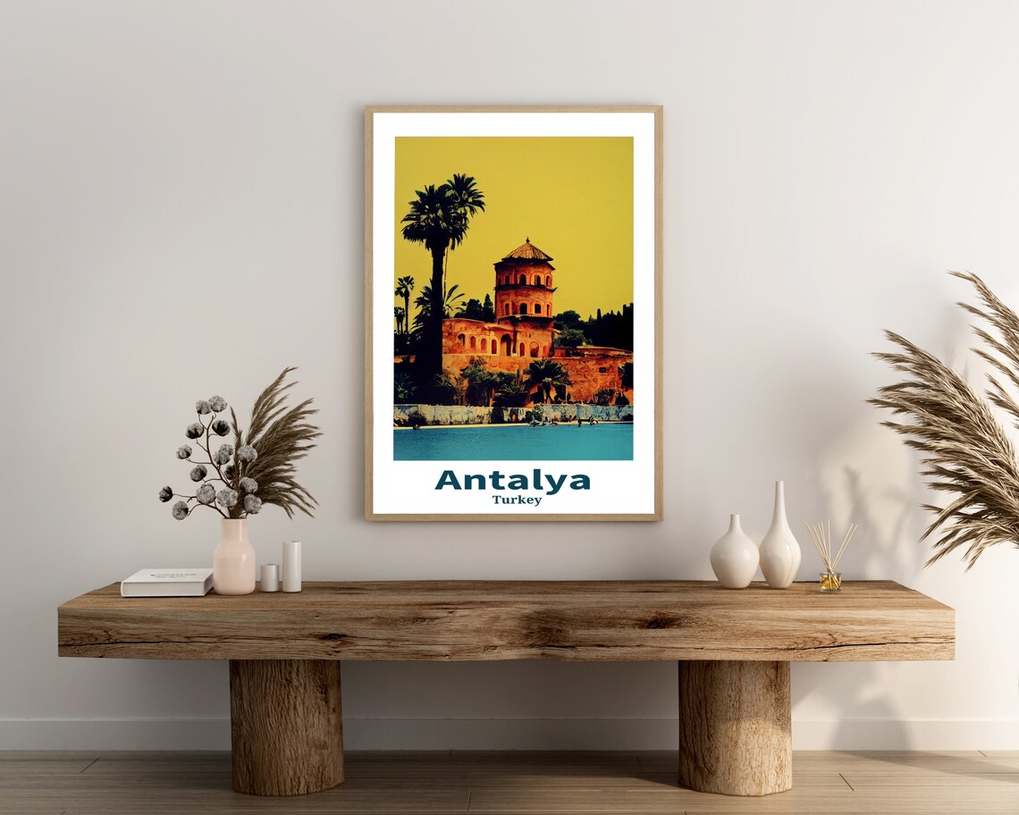 Antalya Turkey Historic Seaside Tower Palm Trees Vintage Travel Poster - Image 3