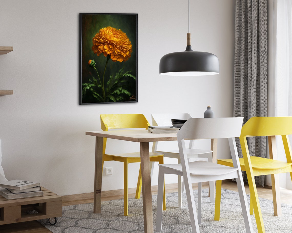 Single Golden Marigold Bloom on Tall Stem Dark Botanical Poster - Image 2
