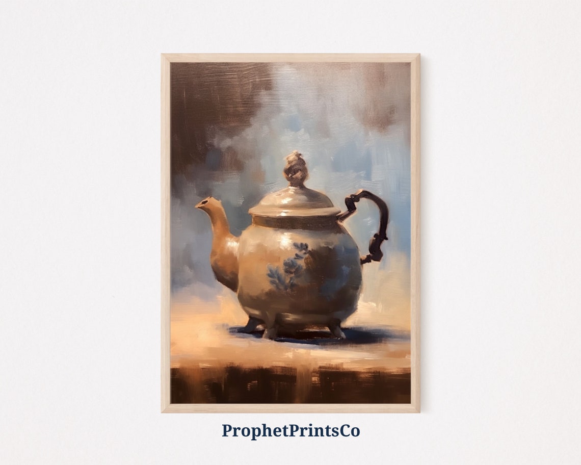 Classic Vintage Teapot Still Life Soft Blue Grey Oil Painting Poster