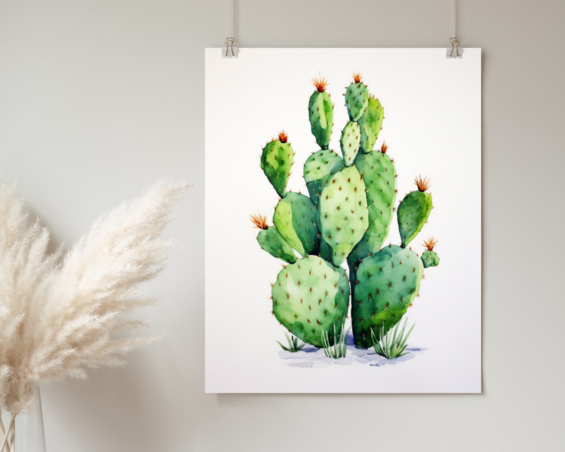 Tall Prickly Pear Cactus Watercolor Minimal Desert Art Poster - Image 2