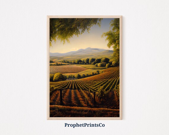 Sunset Vineyard Rows Rolling Hills Golden Oil Painting Art Poster