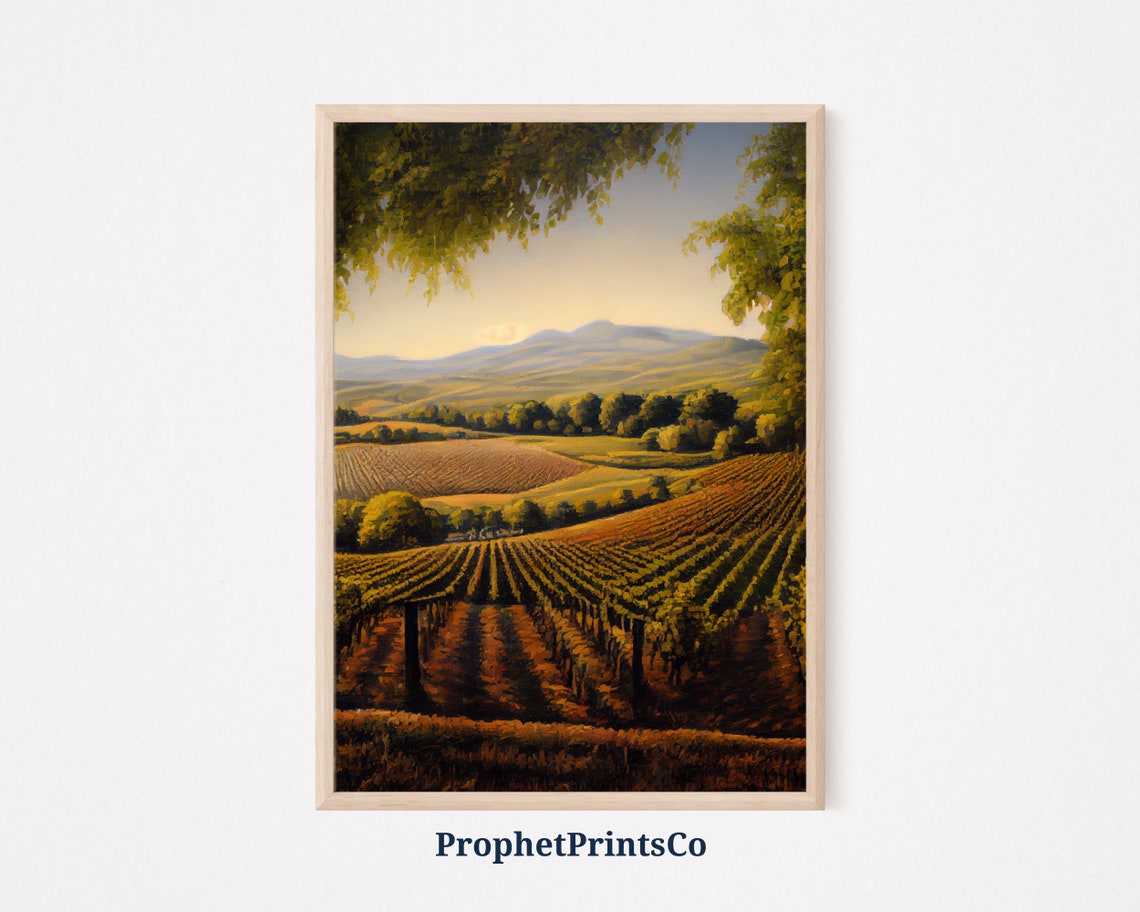 Sunset Vineyard Rows Rolling Hills Golden Oil Painting Art Poster