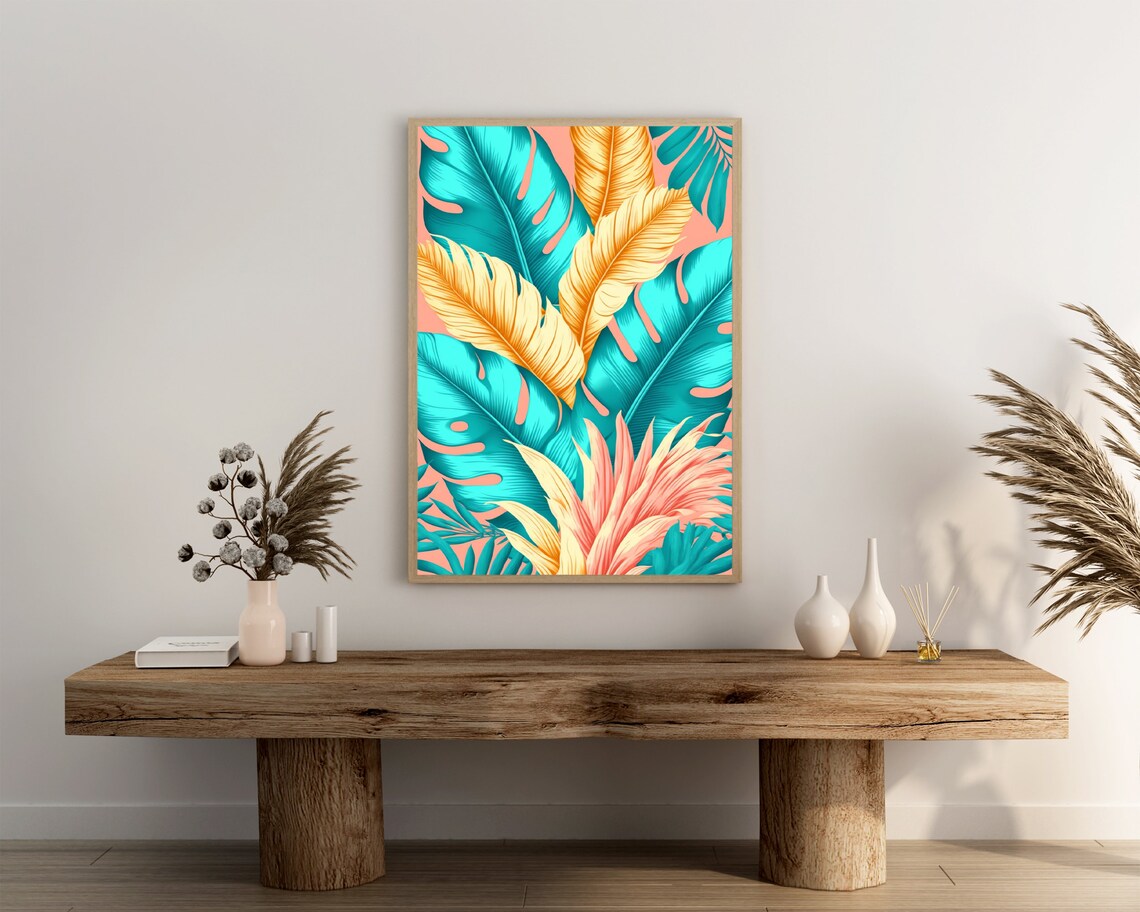 Turquoise Monstera And Golden Palm Leaves Coral Tropical Poster - Image 3