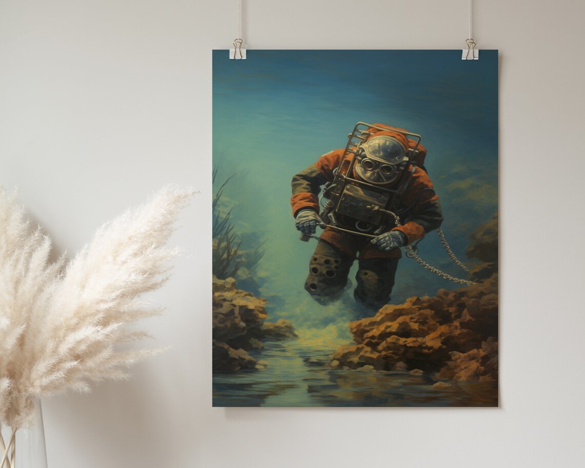Vintage Deep Sea Diver Descending Ocean Floor Painting Poster - Image 2