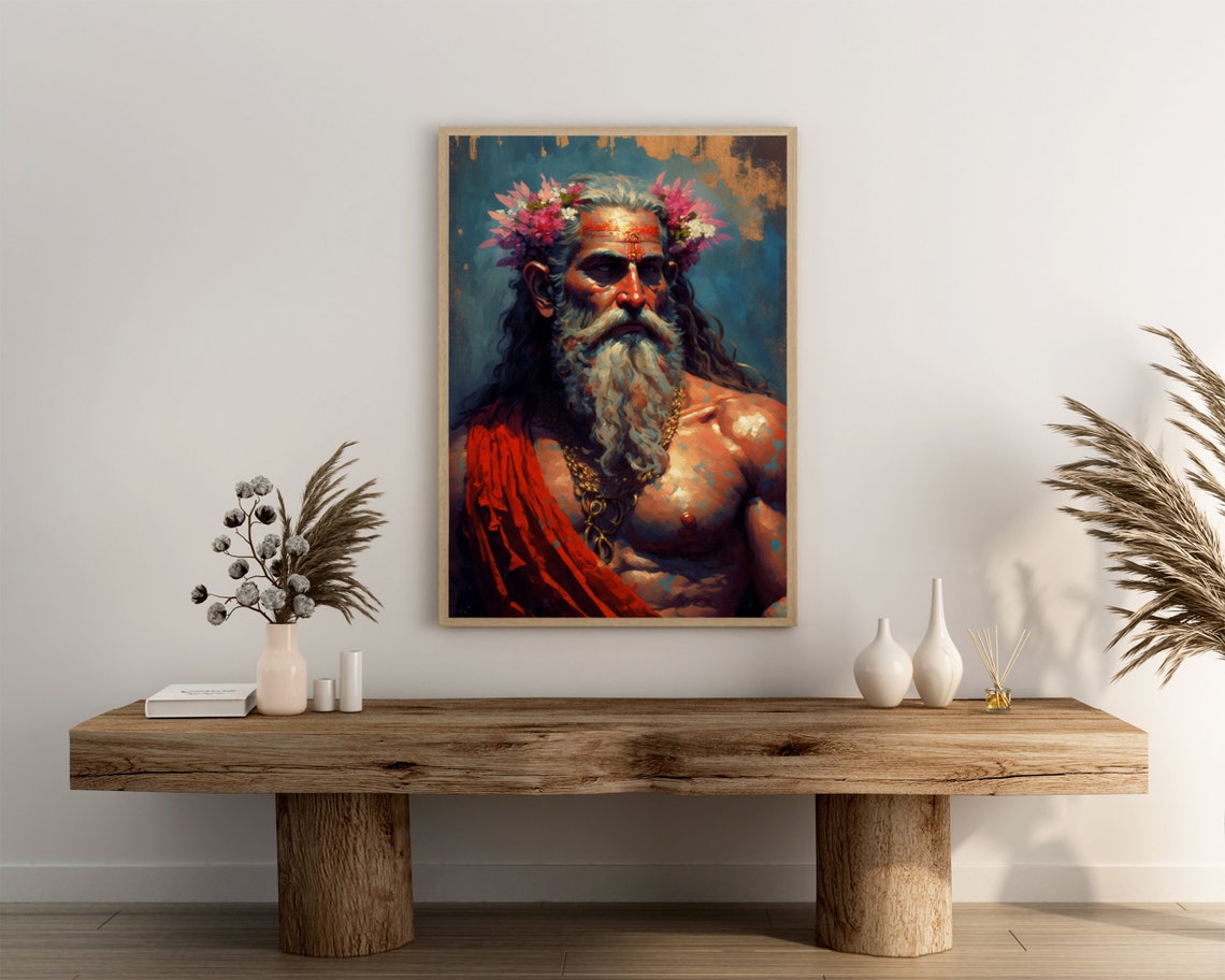 Lord Brahma Portrait Poster Flower Crowned Elder Oil Painting Design - Image 3