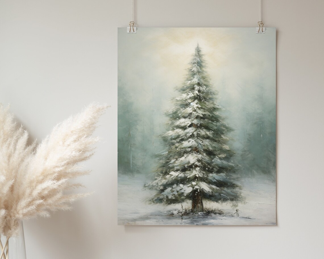 Tall Snowy Pine Tree Winter Wonderland Oil Painting Wall Poster - Image 2
