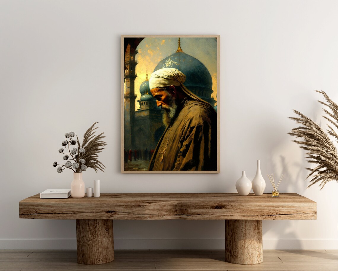 Elder with White Turban Poster Blue Dome Mosque at Dusk Oil Artwork - Image 3