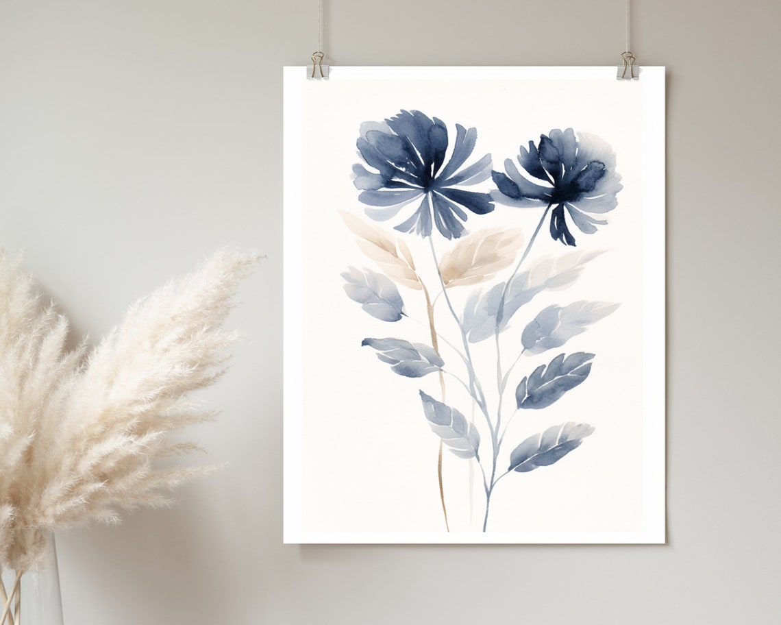 Indigo Blue Watercolor Flowers Elegant Botanical Decor Poster - Image 2