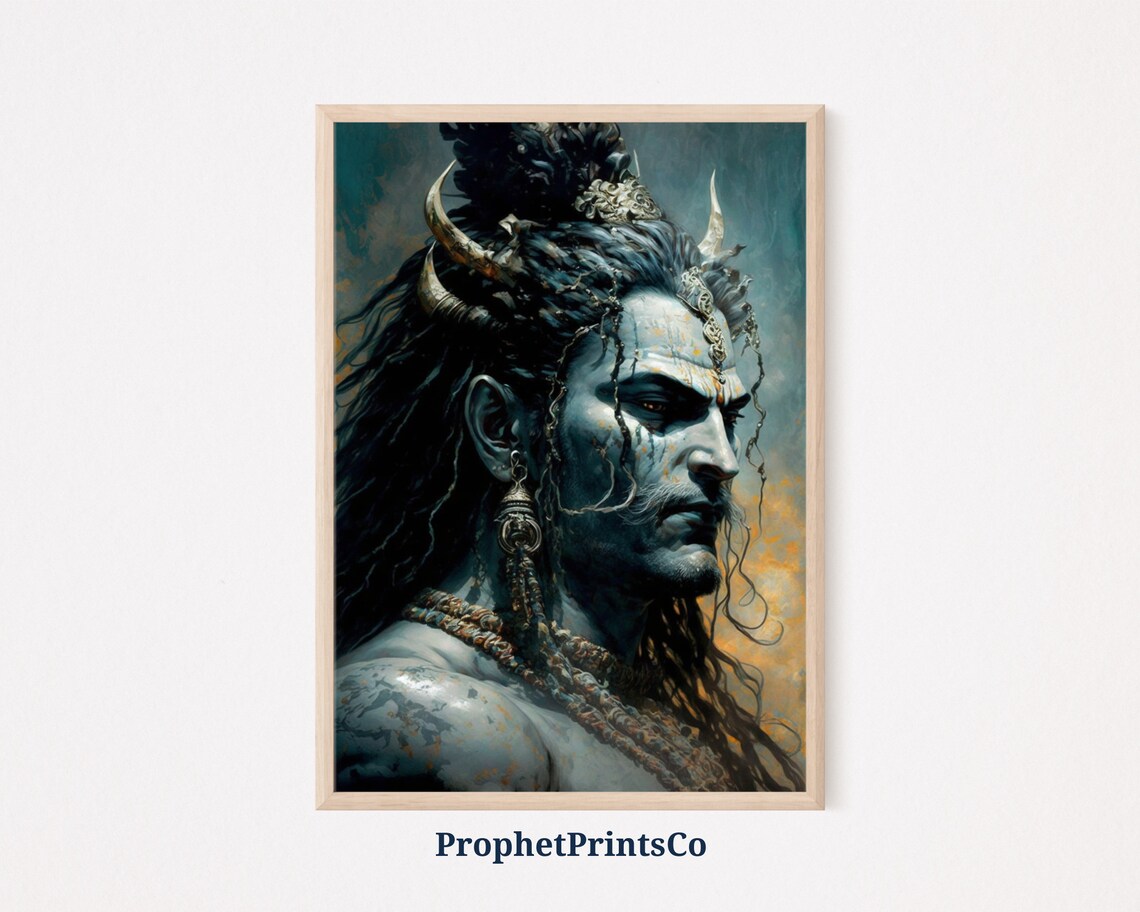 Lord Shiva Blue Skin Profile Matted Locks Golden Hindu God Art Poster