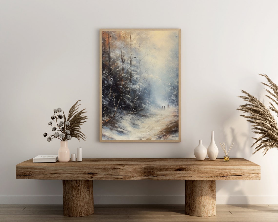 Golden Snowy Forest Edge Oil Painting Winter Light Misty Poster - Image 3